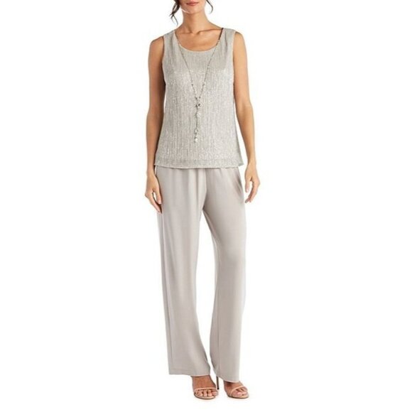 R & M Richards 10P 12P Pant Suit Top Suit Jacket Silver Metallic Party NEW $190 - Picture 3 of 11